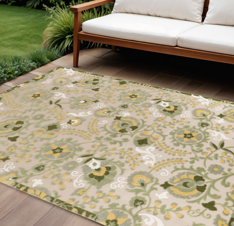 HomeRoots 8' X 11' Ivory Green And Yellow Floral Indoor Outdoor Area Rug image number 1