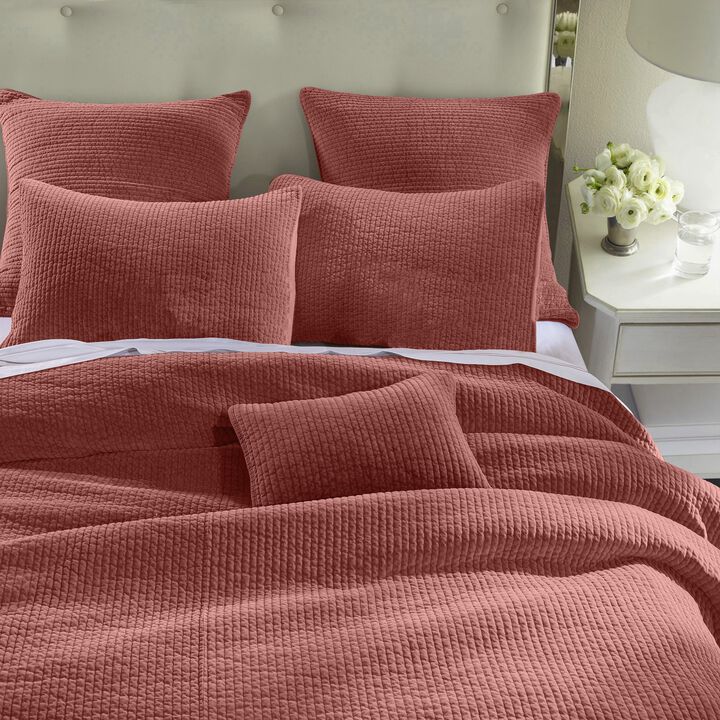 Stonewashed Salmon Cotton Velvet King Quilt Set