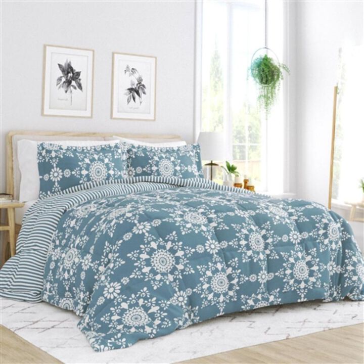 Hivvago Full/Queen size 3-Piece Blue and White Reversible Floral Striped Comforter Set