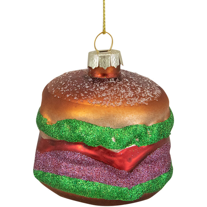 2.25" Brown  Green  and Red Glass Hamburger Christmas Ornament