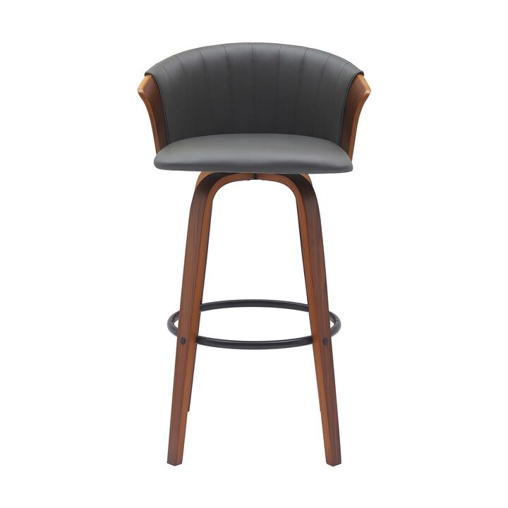 Oja 30 Inch Swivel Barstool Chair, Gray Faux Leather, Curved, Walnut Brown - Benzara