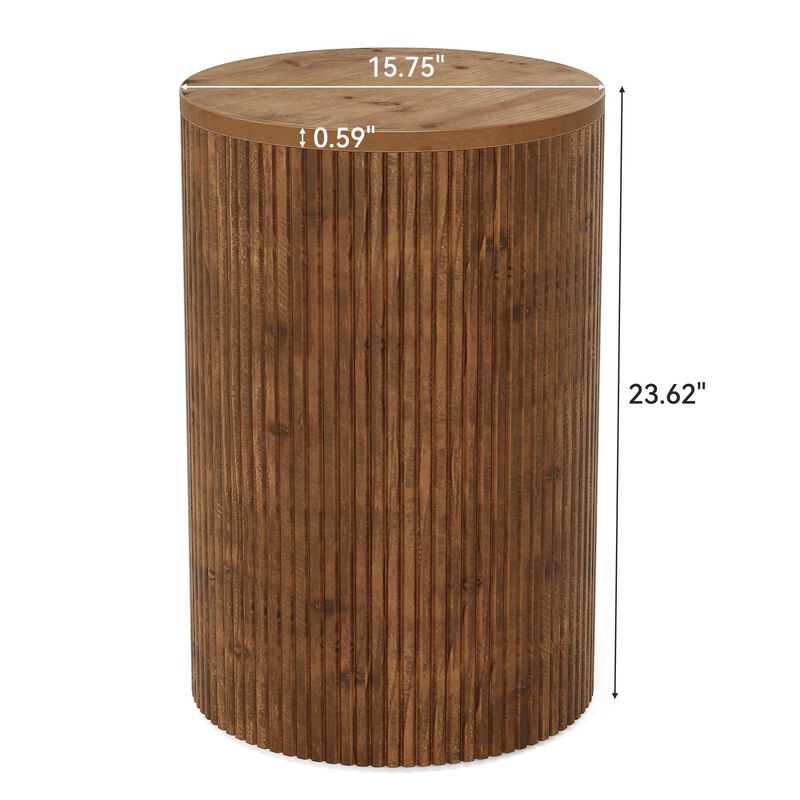 Fluted Solid Wood Round End Table, Side Table with Storage & 4 Wheels-Walnut image number 2