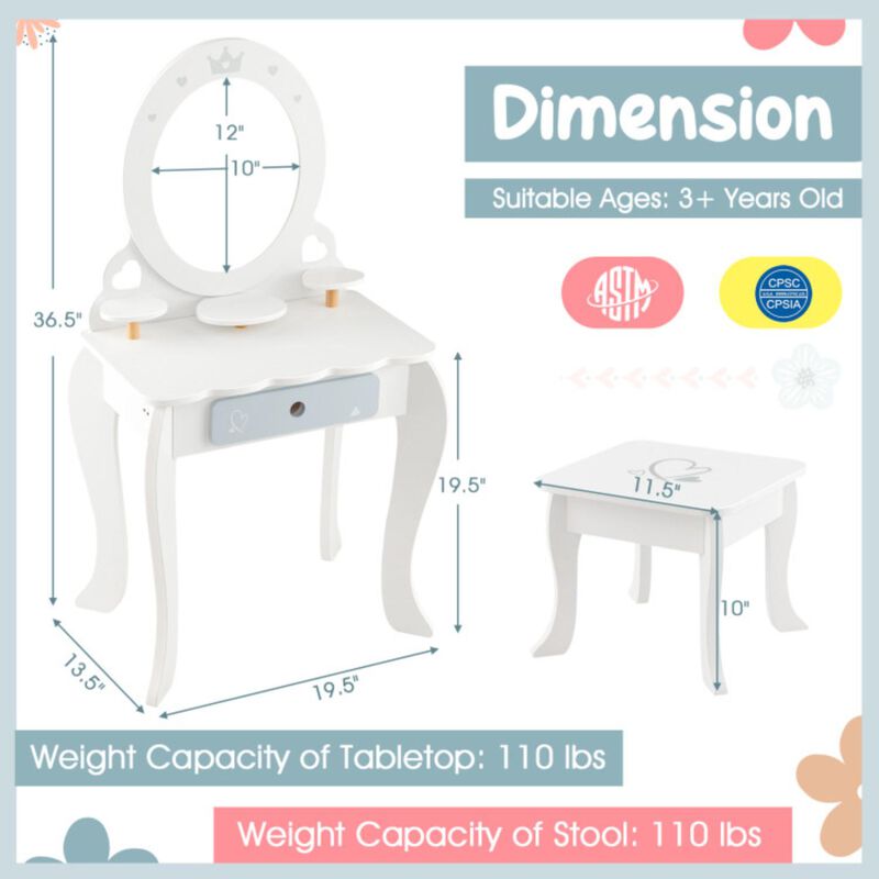 Hivvago Kids 2-in-1 Princess Makeup Table and Chair Set with Removable Mirror-White
