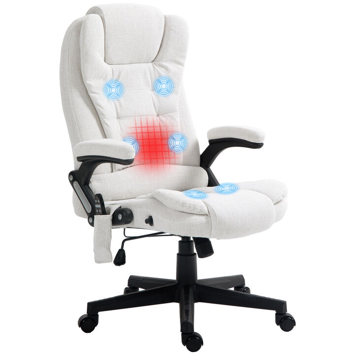 HOMCOM 6 Point Vibrating Massage Office Chair with Heat, Linen High Back Executive Office Chair with Reclining Backrest, Padded Armrests and Remote, Cream White