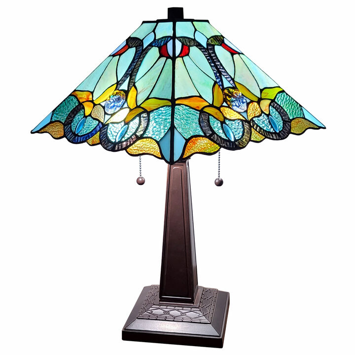 HomeRoots 23" Dark Brown Metal Two Light Table Lamp With Blue and Green Cone Shade
