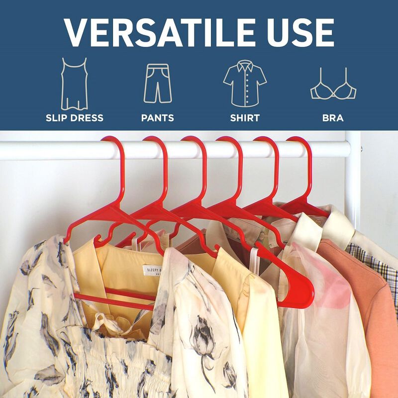 Plastic Clothes Hangers &ndash; Heavy Duty Hanger Set, for Organizing Clothes, Dresses, and Coat, Holds Up to 5 lbs, Space-Saving Hangers with Non-Slip Shoulder Grooves, Pack of 10, Red