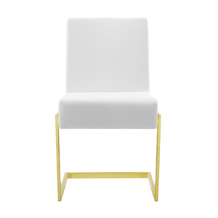 19 Inch Dining Chair, Set of 2, White Vegan Leather, Gold Cantilever Base-Benzara