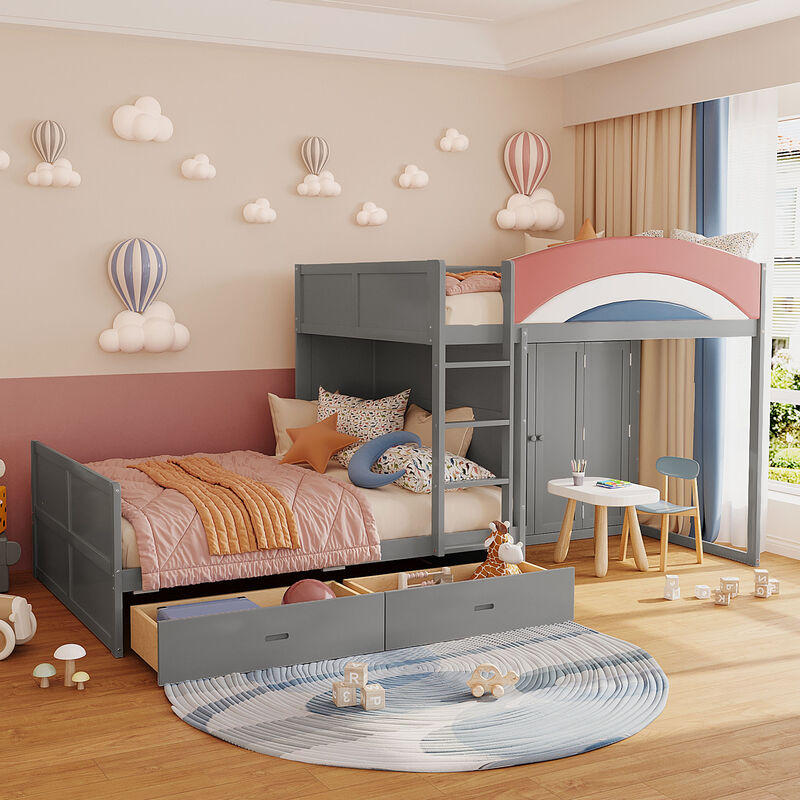 Merax Full Size Offset Bunk Bed with Wardrobe, Drawers & Upholstered Guardrail image number 2