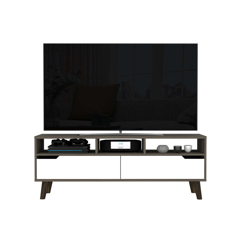 DEPOT E-SHOP Kobe Tv Stand for TV&acute;s up 52", Three Open Shelves, Two Flexible Drawers, Dark Walnut / White image number 2