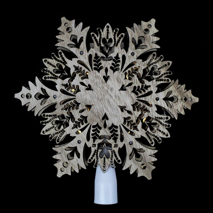 8.5" Lighted Brown Wooden Snowflake Christmas Tree Topper - Clear Lights