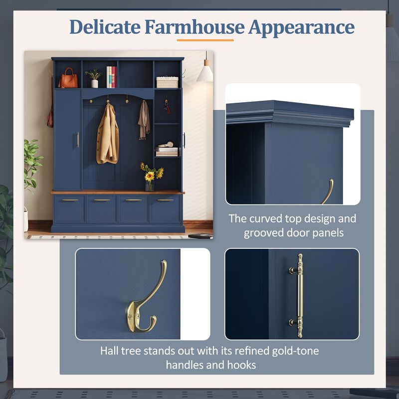 Merax Farmhouse Hall Tree with Gold-Tone Handles, Upper Cabinets with Hooks & Adjustable Shelves image number 4