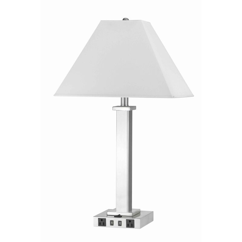 Trapezoid Shade Table Lamp with Metal Base and 2 USB Ports,White and Chrome - Benzara