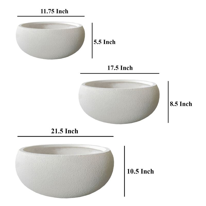 Keyan Accent Planter Set of 3, White Resin, Modern Smooth Bowl Shape - Benzara