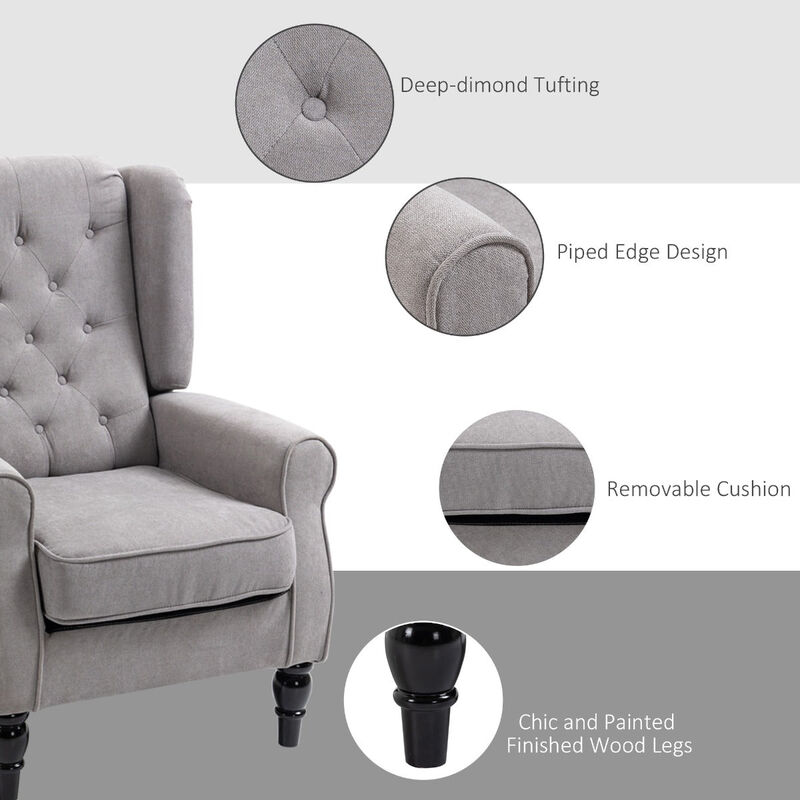Fabric Tufted Club Accent Chair with Removable Cushion Wooden Legs - Grey