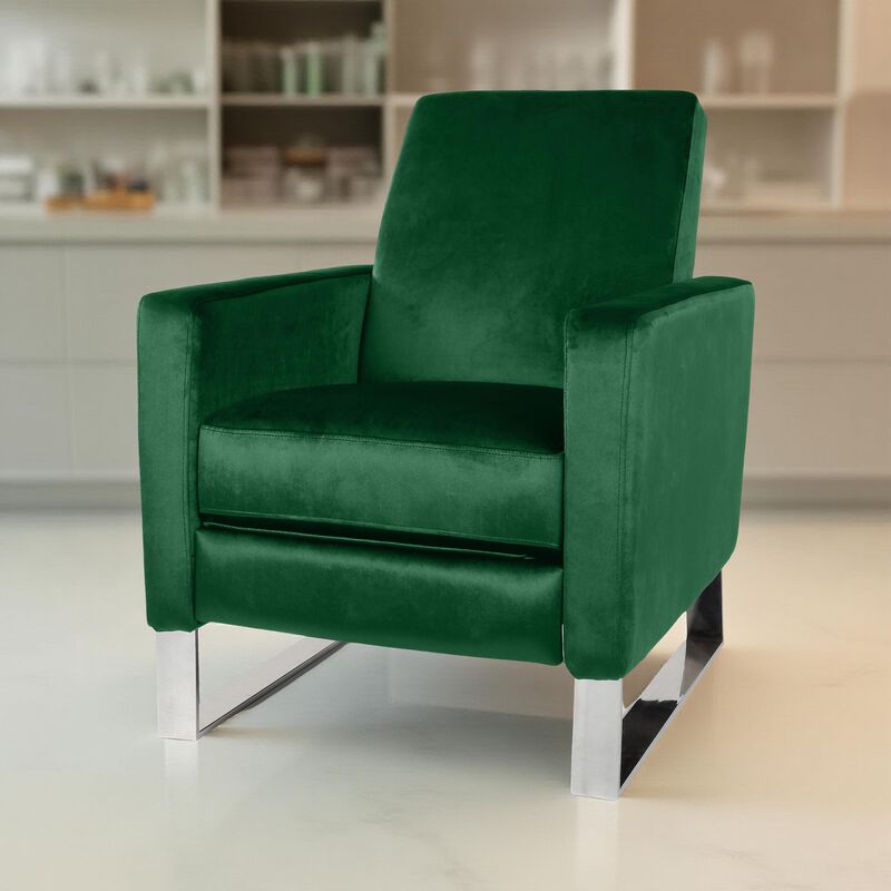 Reki Recliner Chair, Manual Push Back, Stainless Steel, Green Velvet - Benzara