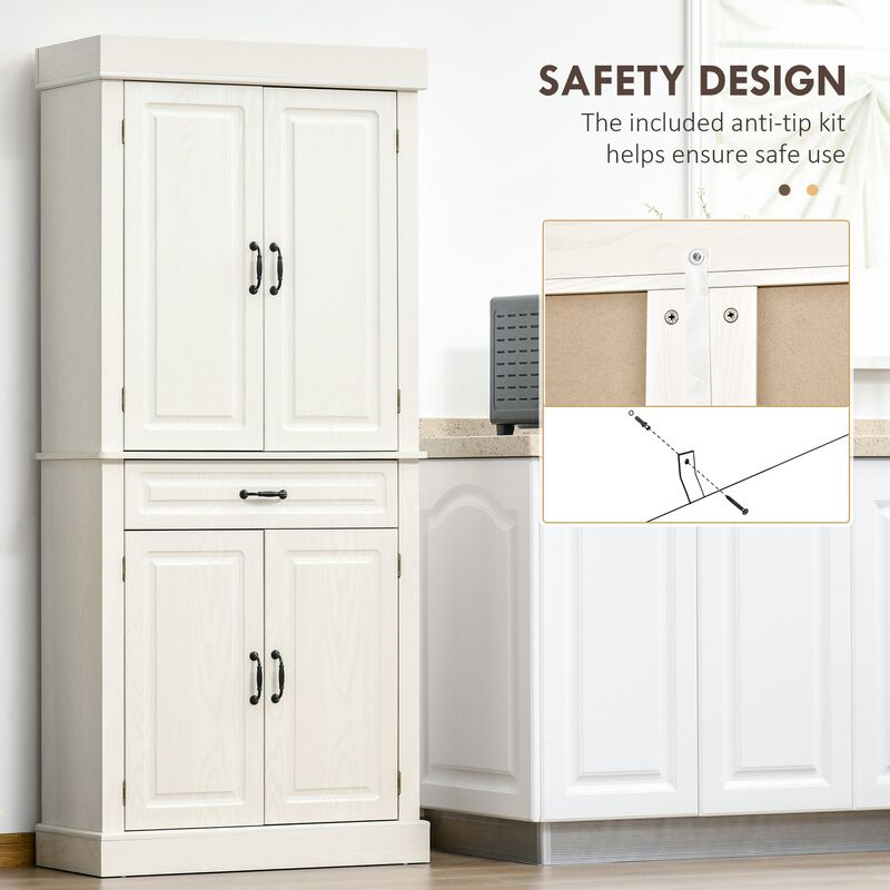 71" Freestanding Kitchen Pantry with 4 Doors and 2 Large Cabinets, Tall Storage Cabinet with Drawer, Distressed White