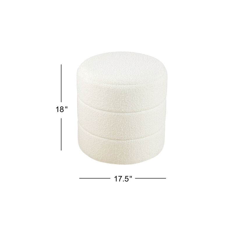 Sem Round Accent Ottoman, Cream White Chanel Stitched Boucle 18 Inch - Benzara