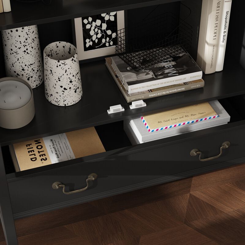 FUFU&GAGA Modern Storage Cabinet with 2 Glass Doors and 1 Drawer, Vintage Handles, Solid Painted Wood Legs, Tall Base Design (34.6 in. W x 15.7 in. D x 77.2 in. H), Black