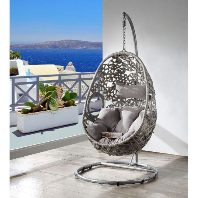 Sigar Patio Hanging Chair with Stand, Light Gray Fabric & Wicker