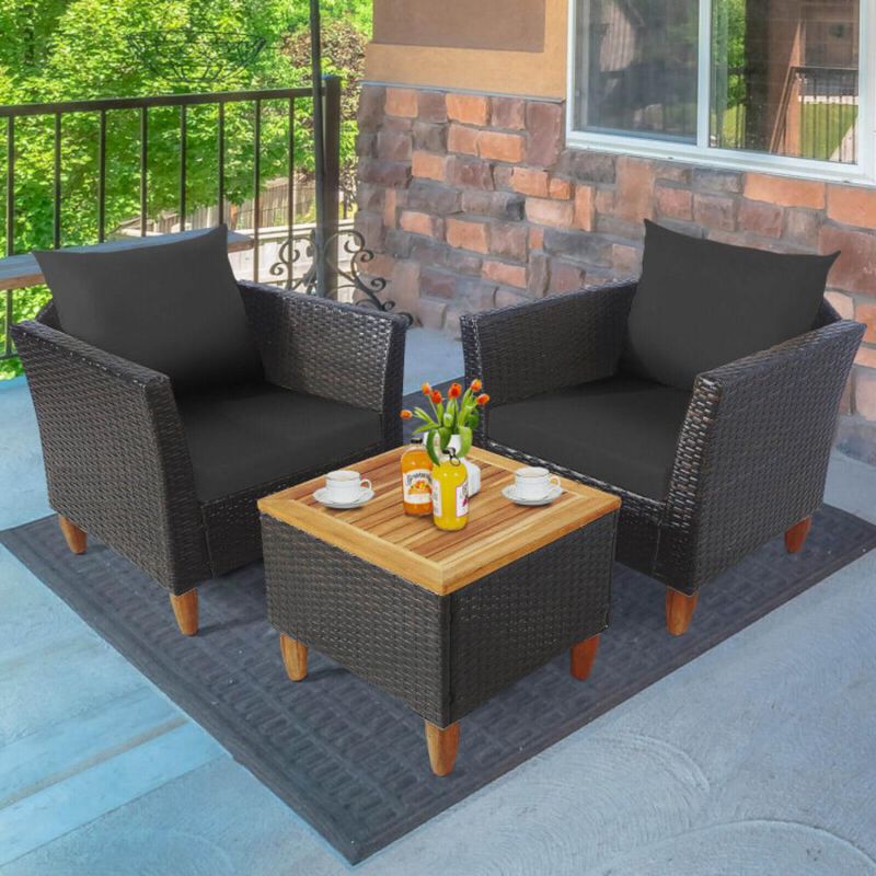 Hivvago 3 Pieces Patio Rattan Bistro Furniture Set with Wooden Table Top