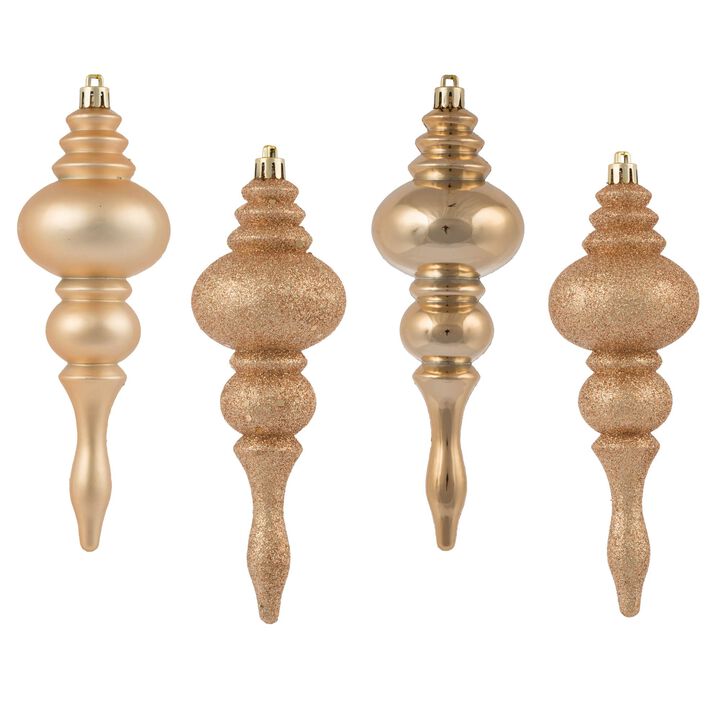 Vickerman 7" 4-Finish Finial Ornament, Shatterproof Plastic Christmas Tree Decoration, 8 Pack, Cafe Latte Shiny, Matte, Glitter and Sequin Finishes