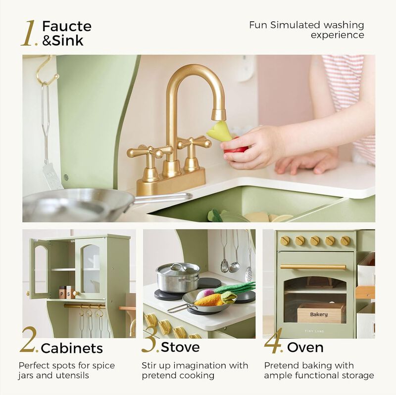 Wooden Play Kitchen with Toy Storage, Built-In Cabinets, Felt Bins & Cookware Accessories Make Cleanup Easy While Encouraging Organizational Skills image number 3