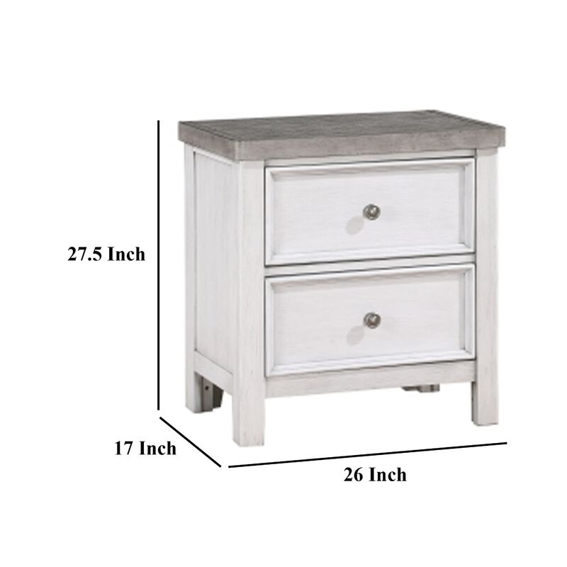 Amby Nightstand, 2 Drawers, Farmhouse Antique White, Gray Acacia Wood - Benzara