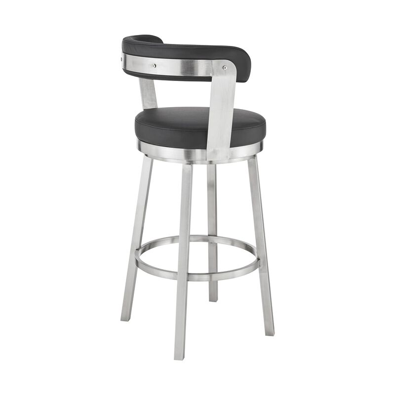 Emma 30 Inch Bar Height Swivel Stool, Steel Legs, Vegan Faux Leather, Black - Benzara
