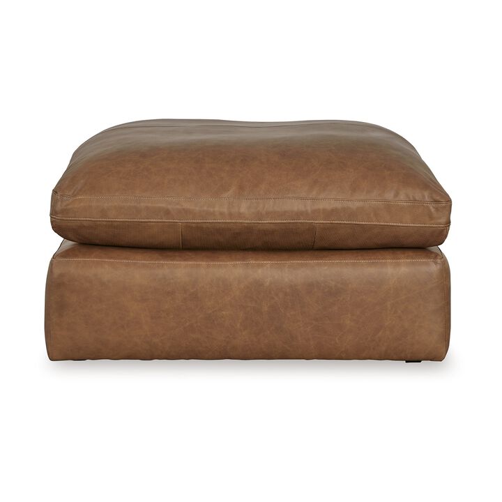 Accent Ottoman, 42 Inch Square, Caramel Brown Faux Leather, Non Skid