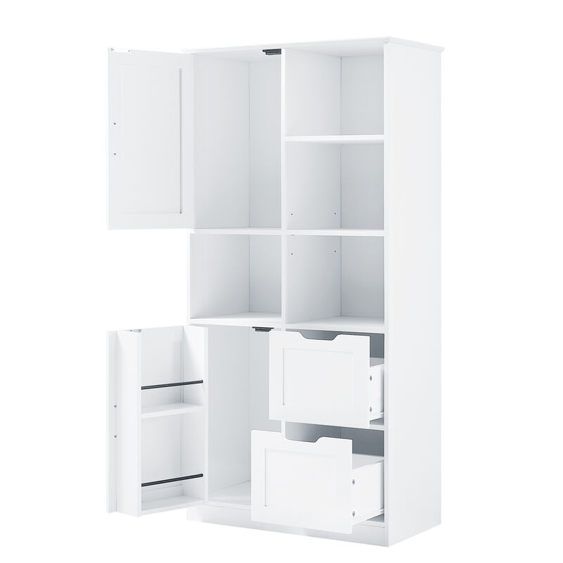 Whisen White Bathroom Storage Cabinet, Freestanding Style Cabinet with Multiple Storage Space and Open Shelf - White