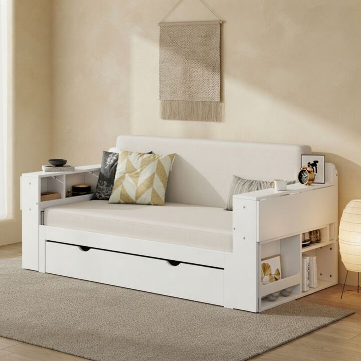 Whisen Full Size Daybed with Removable Desk, Drawers & Hydraulic Armrest, Wood 4-in-1 Multi-functional Sofa Bed for Living Room