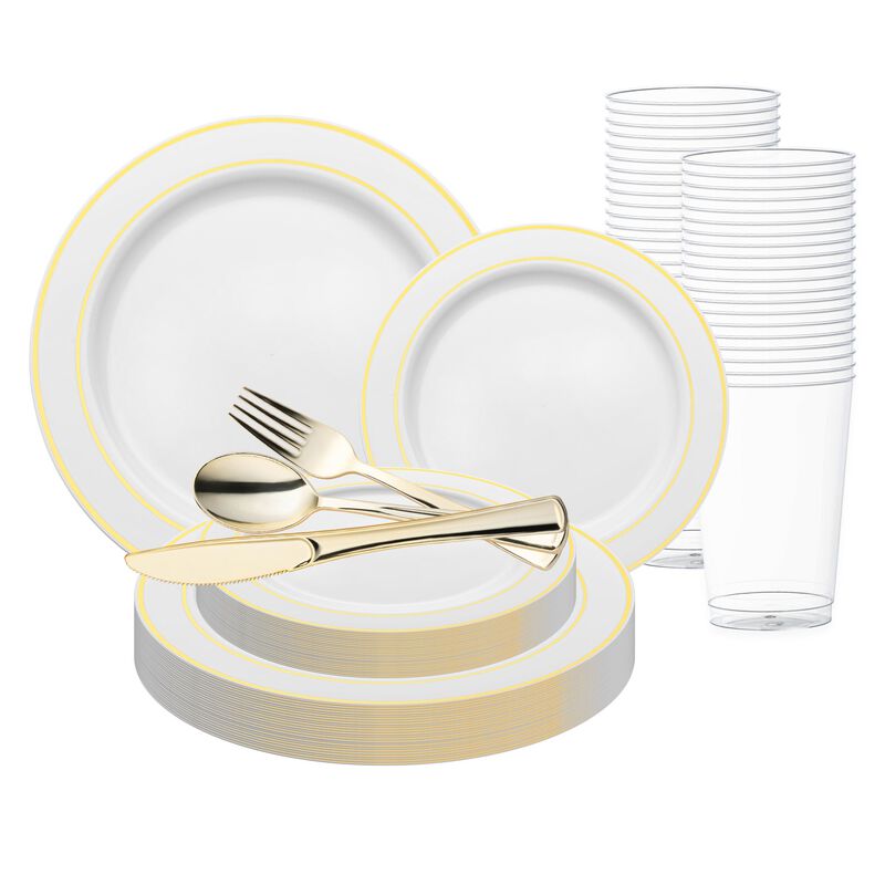 White with Gold Edge Rim Plastic Wedding Value Set (30 Sets) image number 0