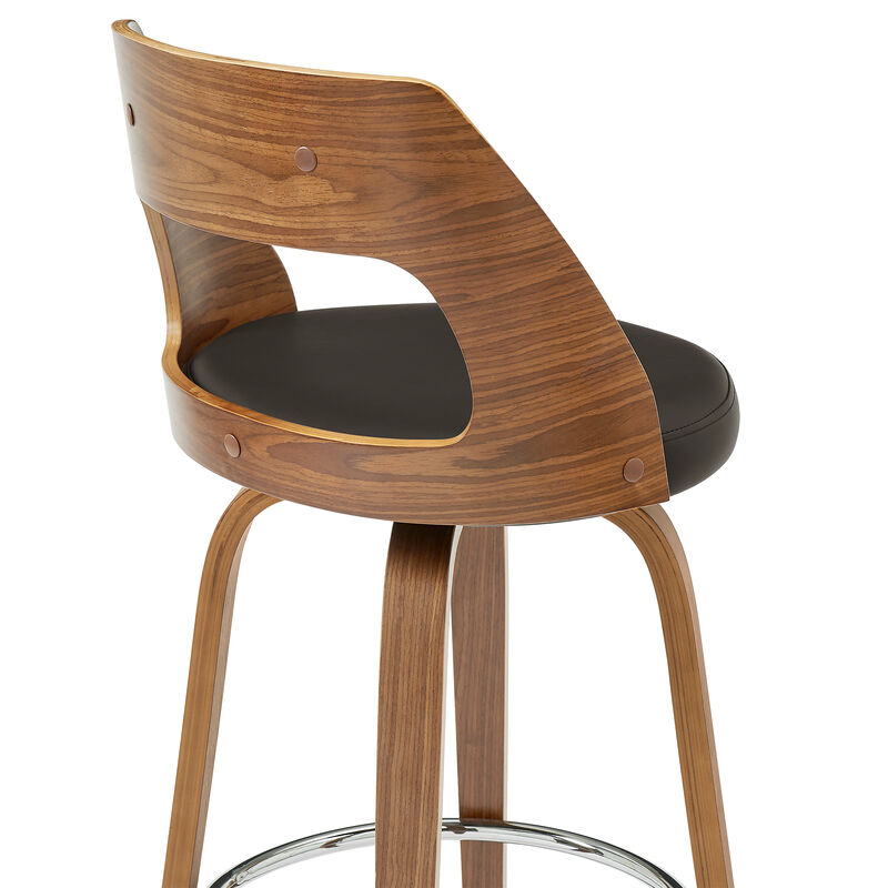Axel Swivel Bar Stool in Brown Faux Leather and Walnut Wood