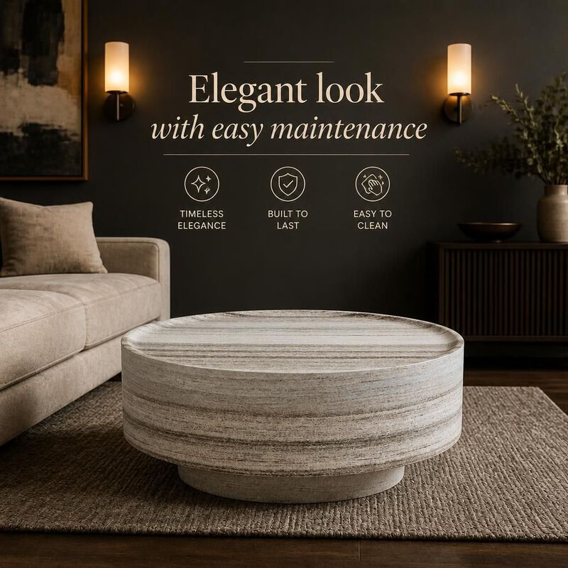 GOODSILO Round 31.5 Inch Mars Vein Marble Effect Drum Coffee Table, Living Room Statement Accent Furniture For Family Gatherings And Cozy Relaxation image number 4