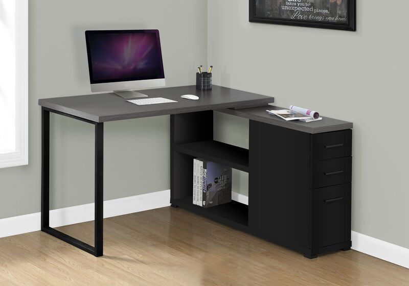 Computer Desk, Home Office, Corner, Left, Right Set-Up, Storage Drawers, L Shape, Work, Laptop, Metal, Laminate, Black, Grey, Contemporary, Modern