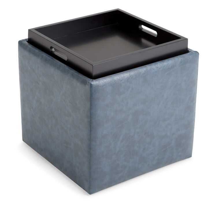 Rockwood 17 inch Wide Contemporary Square Cube Storage Ottoman with Tray in Denim Blue Vegan Faux Leather, Assembled