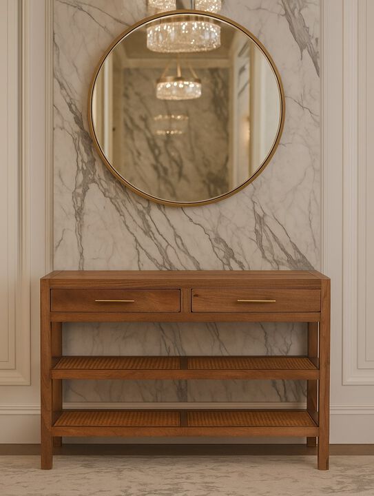 Artisan FurnitureSolid Wood Woven Tier Console,Brown,2-Drawers,2-Shelf