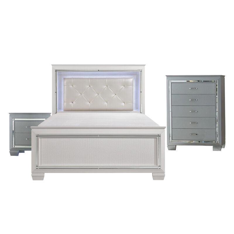 Alen 3 Pc Full Size Bedroom Set, Button Tufting, Mirror Trim, Black - Benzara