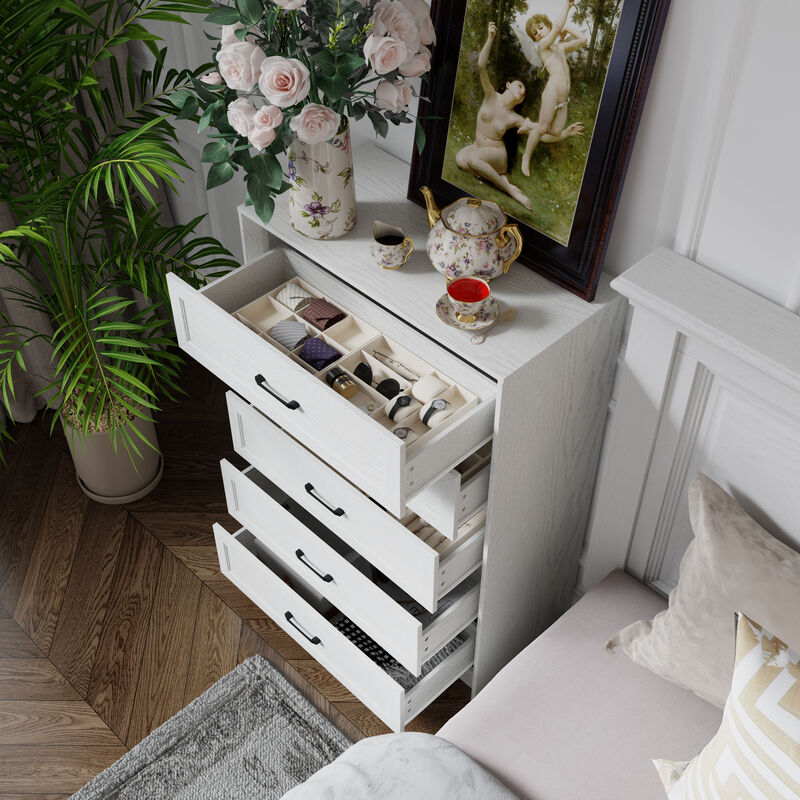 FUFU&GAGA 5-Drawer Storage Cabinet, White Wood Grain PB Board with Black Horizontal Handles, Modern Dresser for Bedroom & Living Room (31.5 in. W x 15.7 in. D x 46.5 in. H)