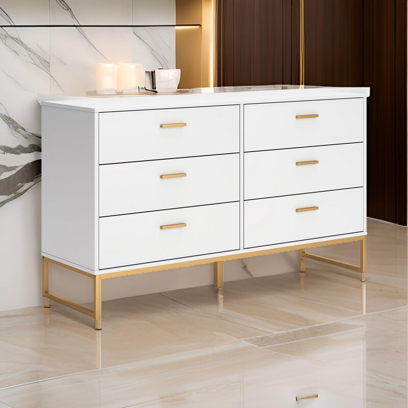 Alli Wide Dresser, 6 Drawers, Matte White Wood, Gold Metal, 59 Inch - Benzara