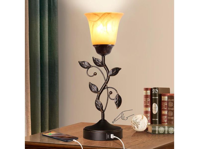 Touch Control Table Lamp with USB and Amber Glass Shade image number 1