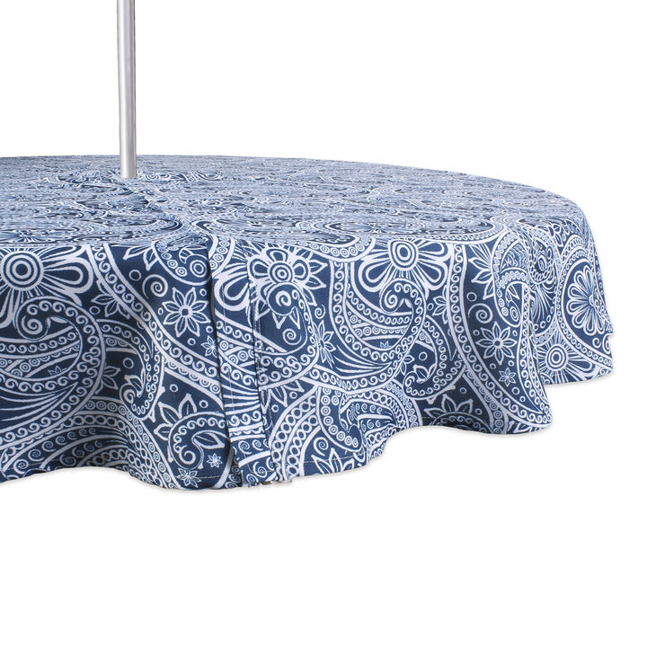 60" Zippered Round Outdoor Tablecloth with Printed Blue Paisley Design