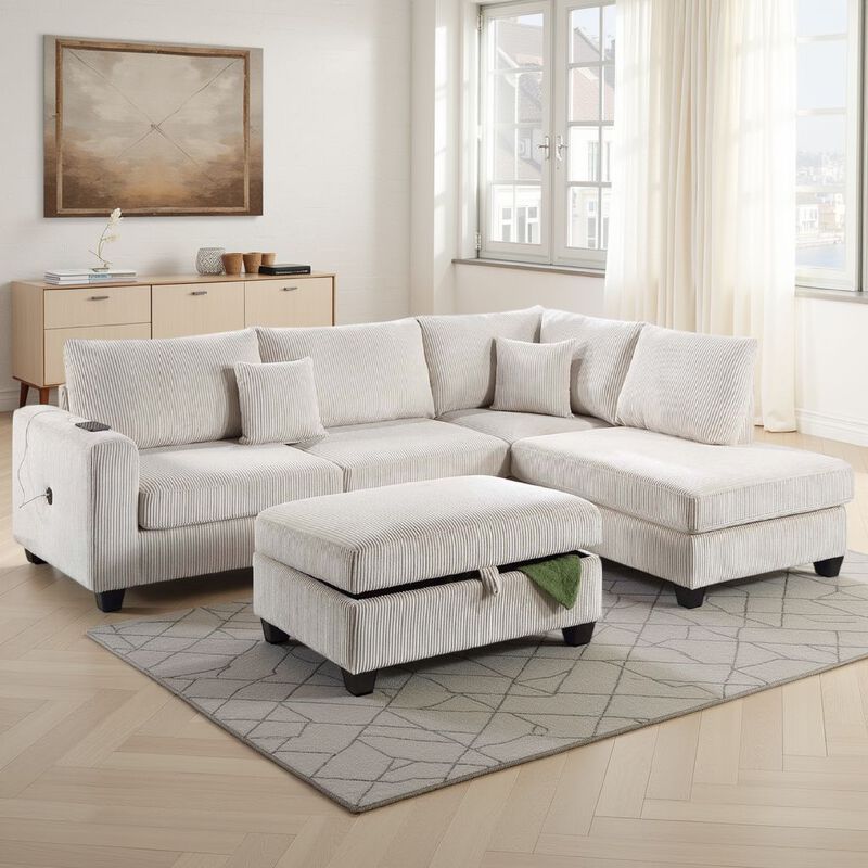 Roe 3pc Sectional Sofa Set with Chaise, Ottoman, 2 Pillows, Ivory - Benzara