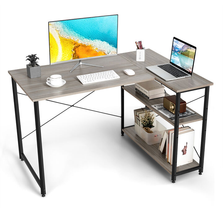 Costway 48'' Reversible L Shaped Computer Desk Home Office Table Adjustable Shelf Brown
