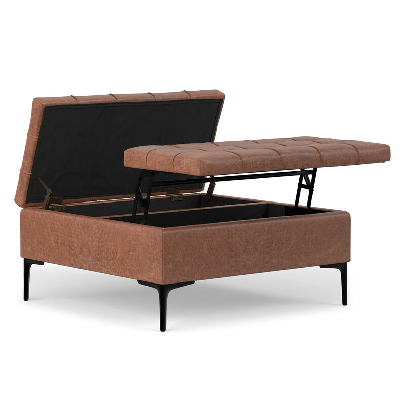 Laura 36 inch Wide Mid Century Square Mid&nbsp;Century&nbsp;Lift Top&nbsp;Storage Ottoman in Distressed Saddle Brown  Vegan Faux Leather, Assembled image number 3