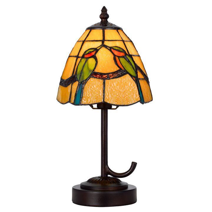 Eli 13 Inch Accent Lamp, Painted Avian Pair Tiffany Style Shade, Multicolor-Benzara