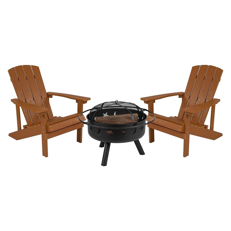 Flash Furniture 3 Piece Charlestown Adirondack Chair Set with Fire Pit - 2 Teak Poly Resin Wood Chairs - Star and Moon Fire Pit with Mesh Cover image number 0