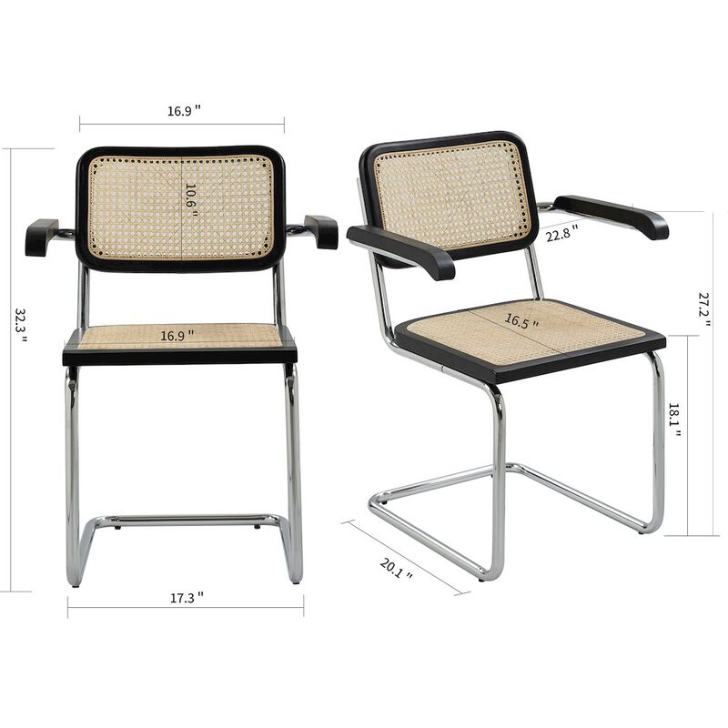 Glamour Home Set of 2 Barnard Black Wooden Dining Chair with Rattan Back and Chrome Legs