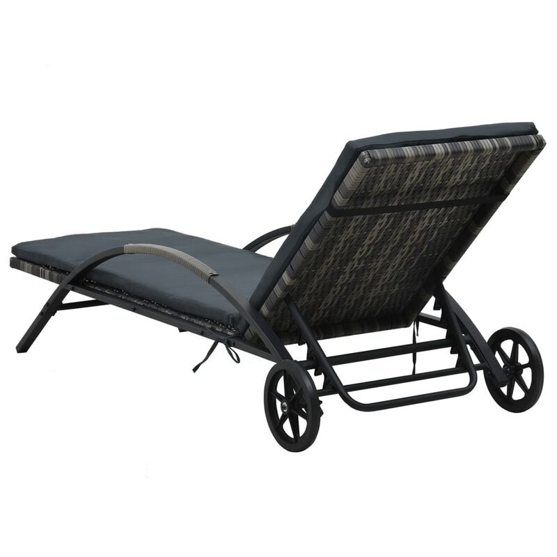 Sun Chaise Lounger with Cushion, 79 Inch, Wheels, Gray Poly Rattan - Benzara