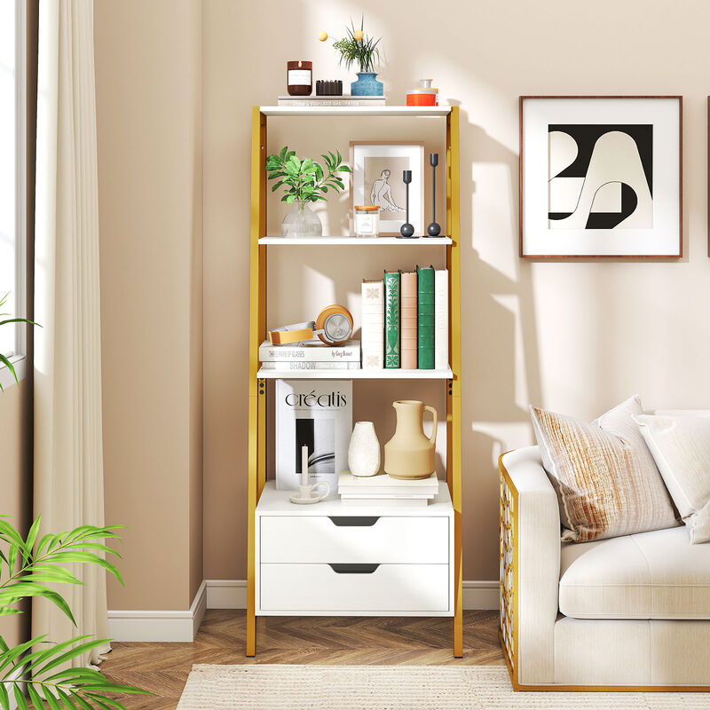 4-Tier Ladder Shelf with 2 Drawers, Freestanding Bookcase for Home or Office